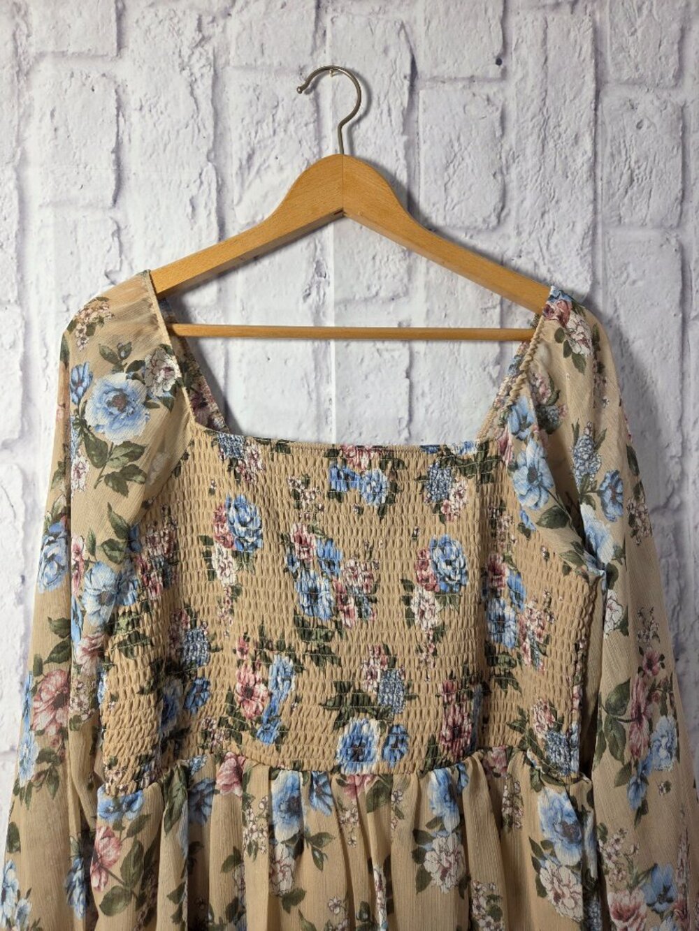 Madden NYC XL Beige Floral Smocked Mini Dress Peasant Boho Fairy Tiered Forest - Picture 2 of 9